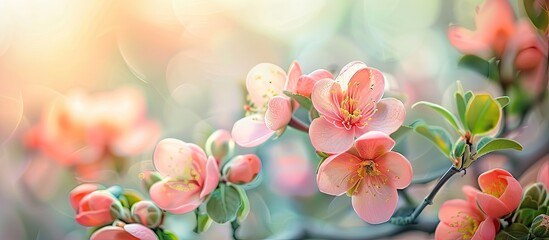 Leinwandbilder - Detailed closeup view of a stunning blooming quince tree outdoors on a lovely spring day perfect for a copy space image
