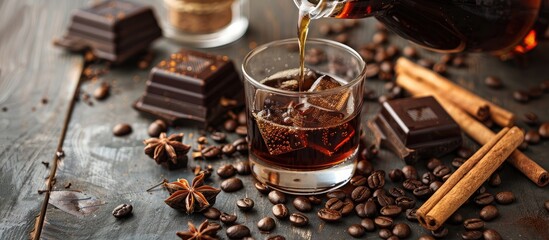 Leinwandbilder - Coffee liqueur is being poured from a bottle into a glass over a rustic tabletop scattered with coffee beans cinnamon anise and chunks of dark chocolate creating a cozy scene with copy space image