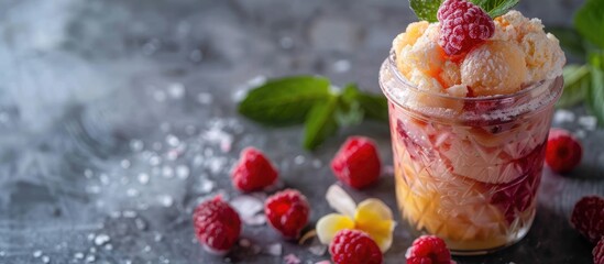 Aufkleber - A delightful Hawaiian shaved ice dessert in a Mason Jar with a clear view and ample copy space image