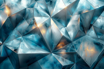 Poster - Sleek image of metallic geometric shapes with luminous gradient colors in varying shades of silver and teal,