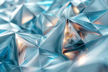 Poster - Sleek image of metallic geometric shapes with luminous gradient colors in varying shades of silver and teal,