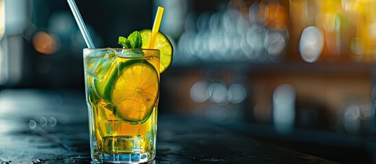 Aufkleber - Close up view of a refreshing mocktail in a citrus glass with ice straw lime and mint on a dark table with copy space image
