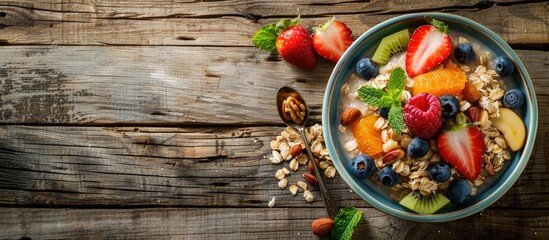 Aufkleber - Delicious oatmeal with a mix of fruits and nuts displayed in a bowl on a rustic wooden surface creating room for a caption in the image. Creative banner. Copyspace image