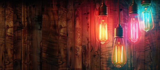 Canvas Print - Close up view of neon light bulbs against wooden ceiling with copy space image