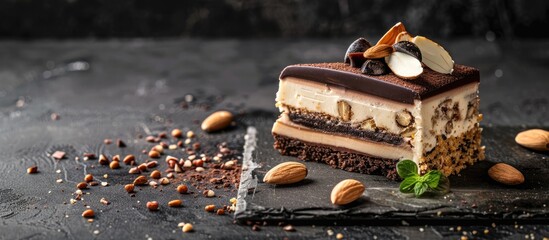 Poster - Close up side view of a delectable cake featuring nuts almonds and both black and white chocolate on a dark background with ample copy space image