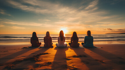 Wall Mural - group meditation, people practicing yoga on the beach, relaxation and breathing exercises.