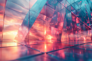 Fototapete - Clean view of metallic geometric shapes with luminous gradient colors in shades of pink and cyan,