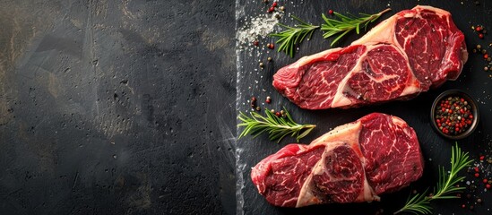 Poster - Directly above view of three marbled raw ribeye steaks with spices on a stone table background providing a copy space image