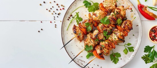 Poster - Top view of a chicken shish kebab presented on a ceramic plate with spices cilantro herbs and vegetables against a white table background ideal for a copy space image
