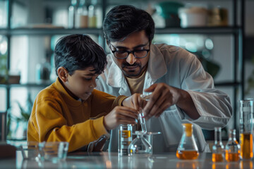indian father and son doing science experiments together