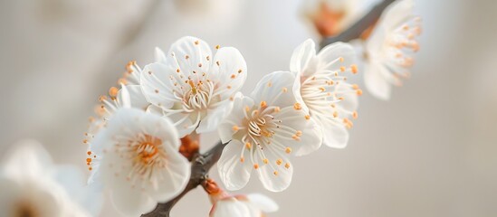 Leinwandbilder - Close up of cherry white flowers on a branch against a pale sky with selective focus in a spring garden during the day providing copy space image