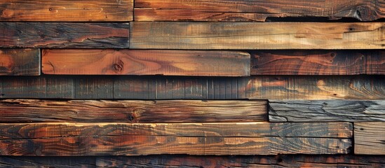 Canvas Print - Detailed close up of a wall panel constructed from wooden table planks displaying an abstract surface with copy space image