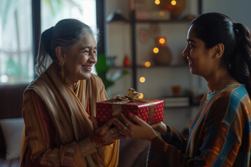 Wall Mural - indian daughter giving gift to mother