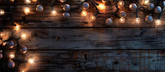 Poster - Christmas lights are illuminated against a rustic wooden backdrop in the image with available copy space