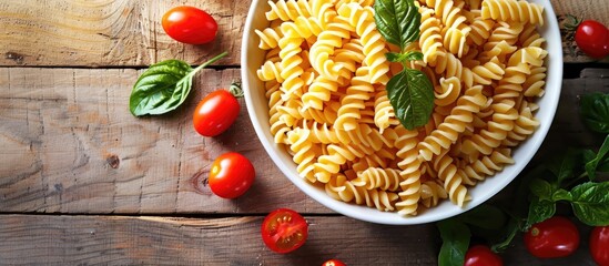 Sticker - Bowl with raw pasta and cherry tomatoes displaying an appealing copy space image