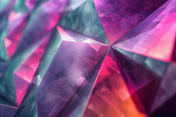 Poster - Futuristic view of metallic geometric shapes with dynamic gradient colors in shades of purple and green,