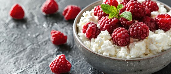 Aufkleber - Close up shot of breakfast featuring fresh cottage cheese topped with raspberries with a blank space for additional images or text placement