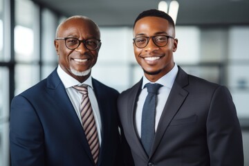 Wall Mural - African businessmen shaking hands standing glasses smiling.