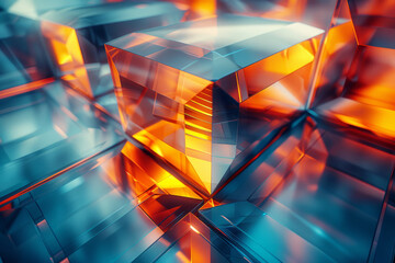 Poster - abstract design featuring metallic geometric shapes with a radiant gradient effect in shades of yell