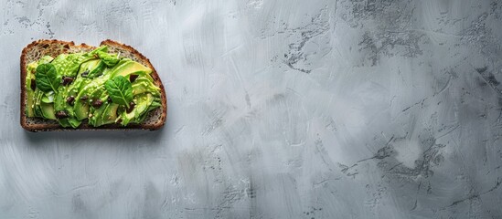 Poster - Top view of avocado toast on grey background with copy space image