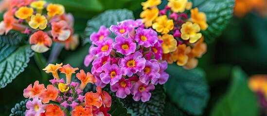 Poster - Close up photo of colorful lantana flowers a flowering shrub verbena in the garden provides a vibrant copy space image