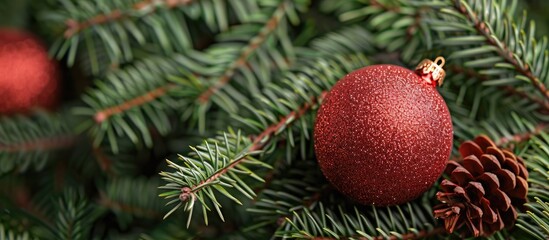 Poster - Christmas background showcasing a red ball on fir tree branches ideal for holiday cards and invitations with a spacious area for text suitable for web banners or flyers. Creative banner