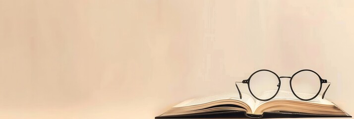 Aufkleber - A book lies open on a light-colored surface, with a pair of round glasses resting on its pages. Generative AI