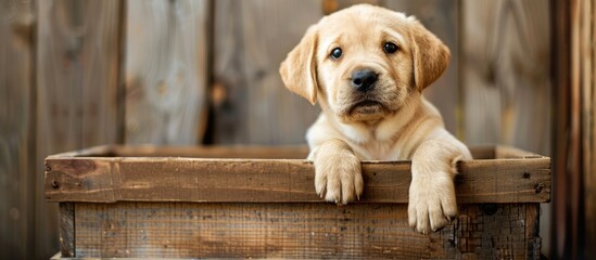 Poster - Copy space image of a blonde Labrador puppy sitting in a wooden box gazing innocently downward