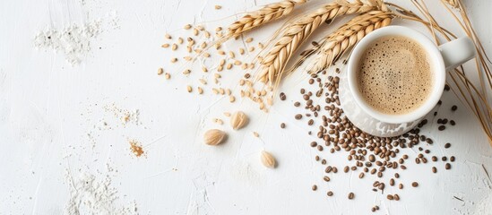 Poster - Barley coffee cup with grains and spikes arranged on a white table in a flat lay composition providing copy space image