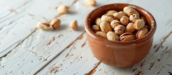 Aufkleber - A clay cup filled with peanuts rests on a white wooden table with available space for additional imagery