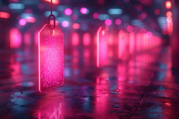 Poster - Futuristic 3D render showcasing a sale with shimmering, animated price tags and abstract light effects,
