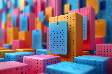 Poster - abstract 3d representation of a sale with vibrant, rotating price tags and colorful geometric patter