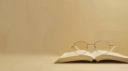 Fototapete - A book lies open on a beige background with glasses resting on top. Generative AI