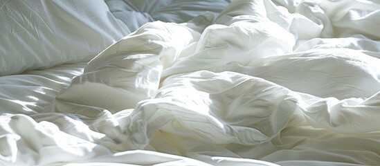 Poster - Detailed shot of white bed linens with copy space image