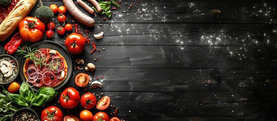 Poster - Array of pizza toppings like mushrooms sausages tomatoes and vegetables arranged on a black wooden surface viewed from above with available copy space image