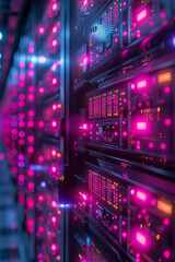 Poster - Abstract server concept featuring neon lights with vibrant, glowing connections and circuits,