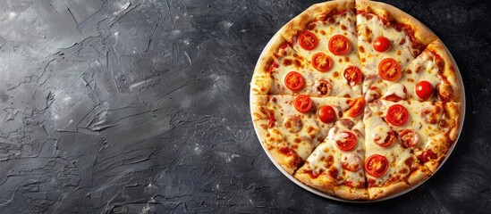 Aufkleber - Delicious double cheese and tomato pizza on a black background with copy space image