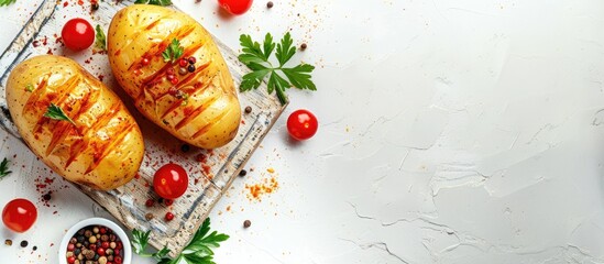 Aufkleber - Baked potato with flavorful sauce spices on a light background ideal for a copy space image