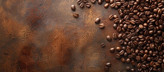 Poster - View from above of coffee beans placed on a brown textured background creating a flat lay composition with copy space image