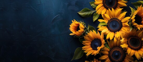 Leinwandbilder - Dark blue background with a frame of sunflowers perfect for adding text or images with copy space image