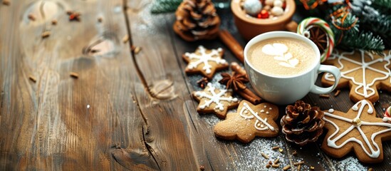 Aufkleber - A delectable holiday scene featuring gingerbread cookies coffee and festive decorations on a table with room for text ideal for a Christmas gathering or New Year s celebration. Creative banner
