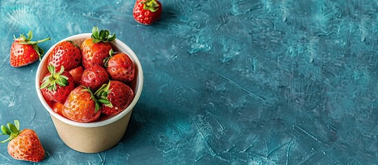 Poster - Delicious berry dessert featuring fresh ripe strawberries in a cup on a blue paper background viewed from the top with copy space image