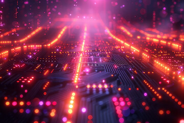 Poster - Futuristic server abstraction with glowing neon lights forming intricate data connections and pathways,