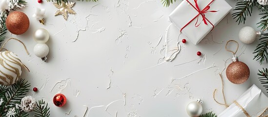 Aufkleber - A close up white framed Christmas decoration with a gift on a white background perfect for including text in the image. Creative banner. Copyspace image