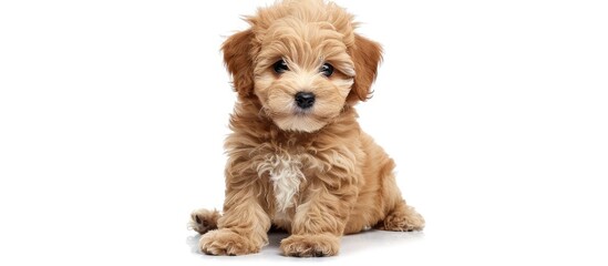 Poster - Adorable Brown Maltipoo puppy isolated on a white background with a happy and funny expression suitable for advertising with ample copy space image