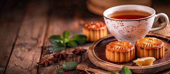 Poster - A classic scene showcasing mooncakes on a wooden table with a teacup perfect for the Mid Autumn festival or other Chinese traditional celebrations Ideal for a copy space image