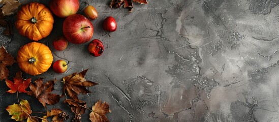 Aufkleber - Autumn harvest creating a cozy ambiance on a gray concrete backdrop ideal for copy space image