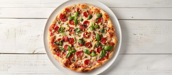 Poster - Delicious homemade pizza topped with mortadella sausage pistachios and basil surrounded by melted cheese displayed on a white plate against a white wooden backdrop with copy space image