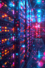 Poster - Futuristic server abstraction with glowing neon connections and abstract network patterns,