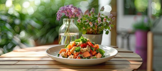 Aufkleber - A Chinese dish of smoked salmon dumpling salad is elegantly presented on a white plate atop a light wooden table adorned with a transparent vase of flowers and a lilac pot with lush green leaves capt